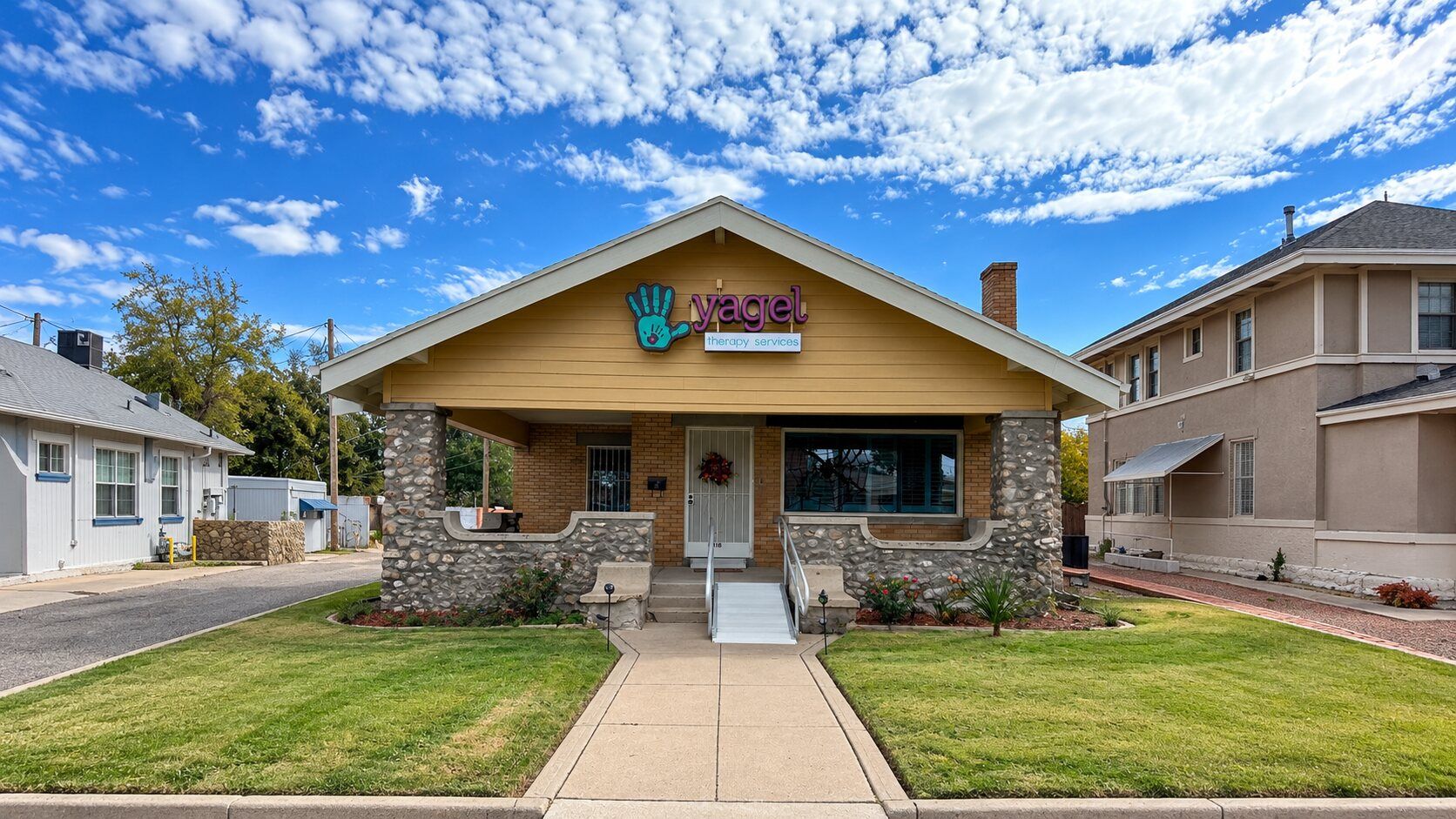 The Yagel Home Health office on Montana Avenue — a single-storey building with the Yagel Therapy Services sign above the porch.